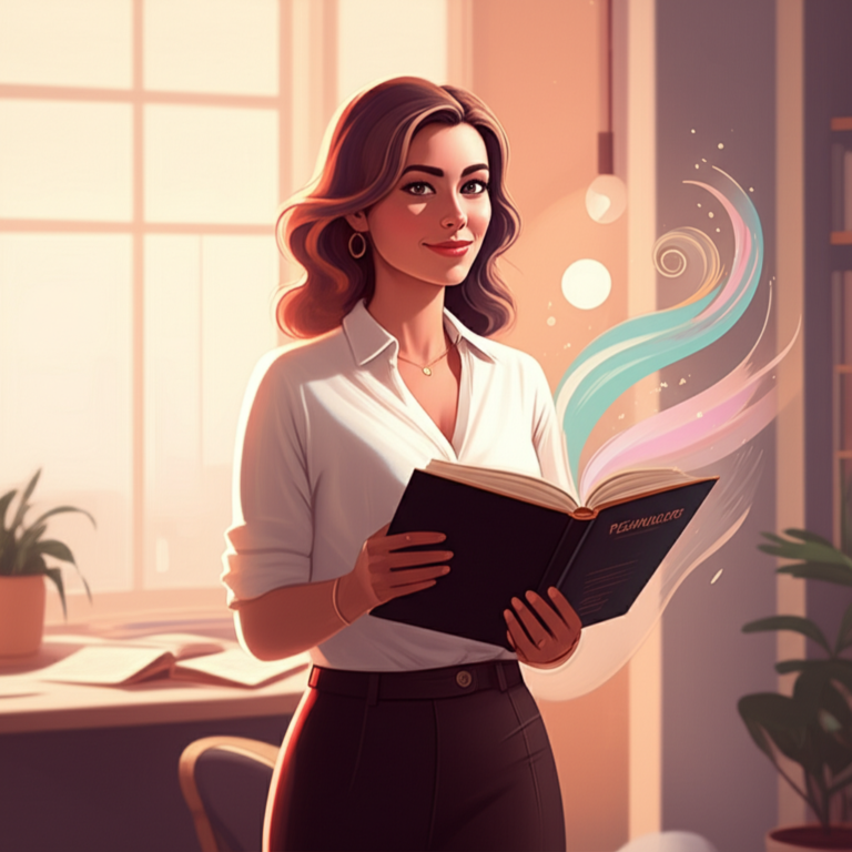 Ilustração estilizada de uma mulher confiante segurando um livro sobre técnicas, rodeada por cores pastel abstratas.