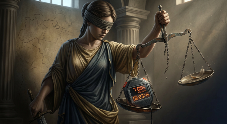 Lady Justice com balanças quebradas e um contador '7 Dias Garantia', simbolizando a fragilidade da justiça e a impunidade no Brasil.