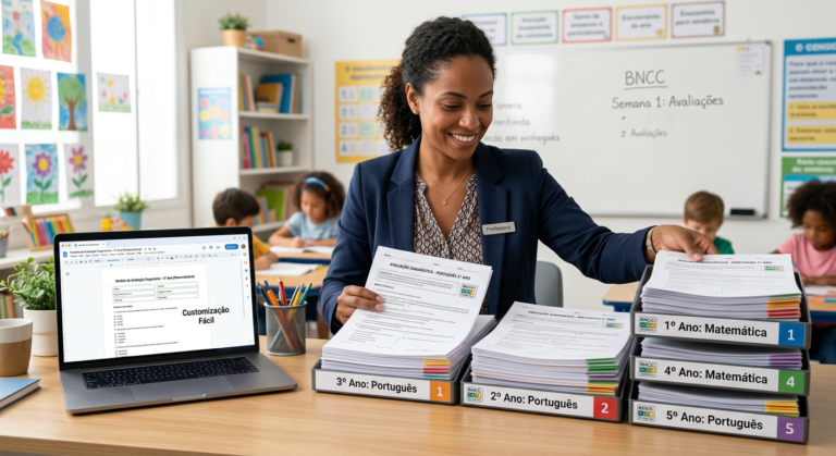 Professor(a) sorridente organizando avaliações diagnósticas prontas de 1º ao 5º ano (Português e Matemática) com logo da BNCC e laptop com arquivos editáveis, simbolizando economia de tempo com o KIT SÓ ESCOLA.