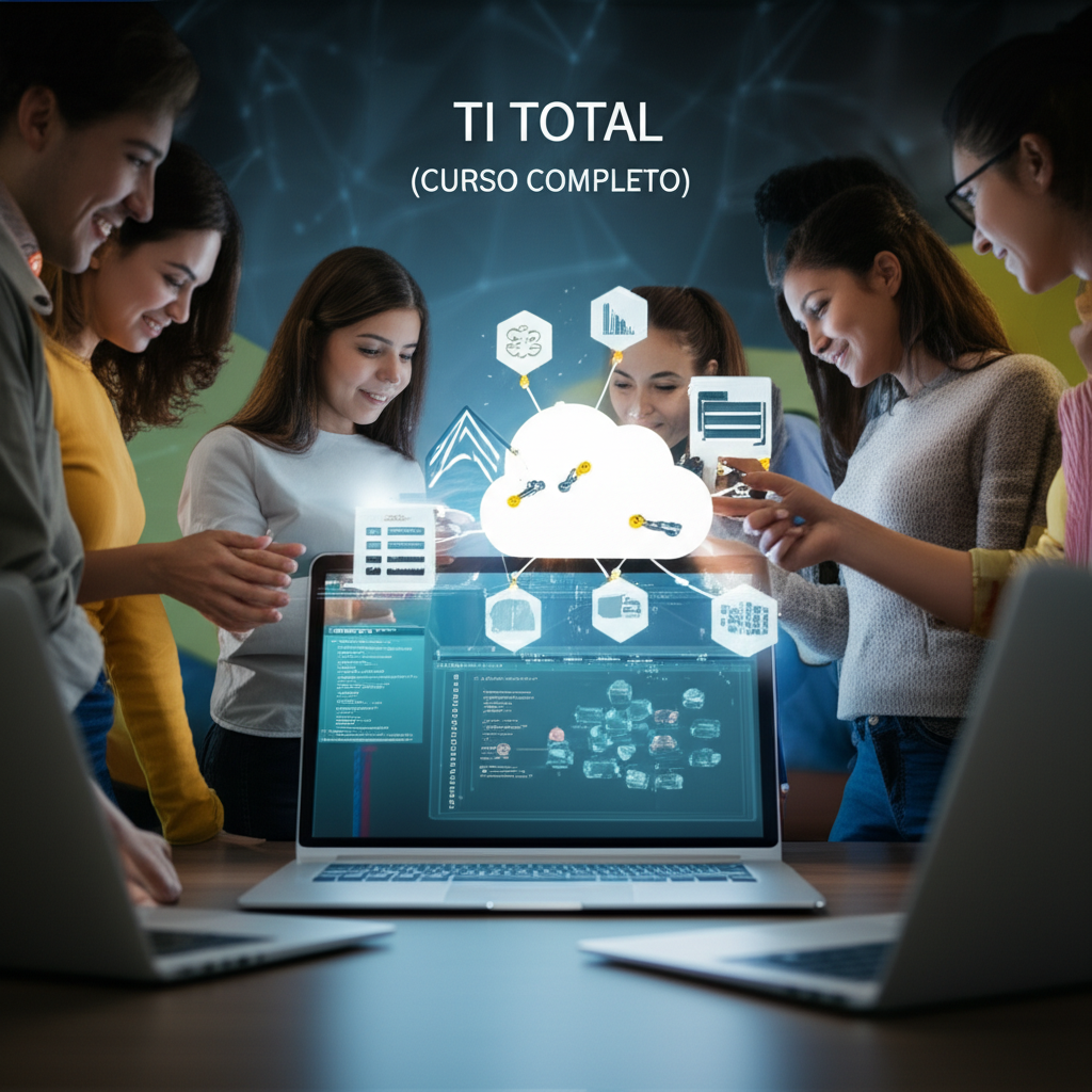Ilustração de estudantes de TI usando laboratório virtual com ícones de redes, cloud e servidores, representando o curso TI Total