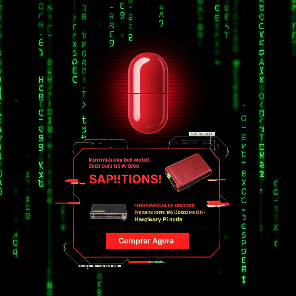 Ilustração de login agressivo do curso Bitcoin Black Pill com pop‑up de upsell e pílula vermelha de Bitcoin.