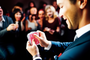 Mágico profissional estilo Felipe Barbieri realizando truque de cartas em close-up, demonstrando destreza manual e engajamento com o público em um evento social.