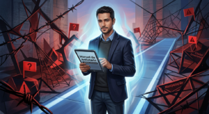 Homem lendo o 'Manual do Antiotário', com elementos visuais de armadilhas e manipulação ao redor, simbolizando proteção e discernimento em relacionamentos.