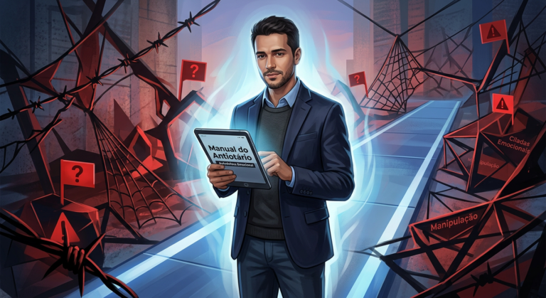 Homem lendo o 'Manual do Antiotário', com elementos visuais de armadilhas e manipulação ao redor, simbolizando proteção e discernimento em relacionamentos.