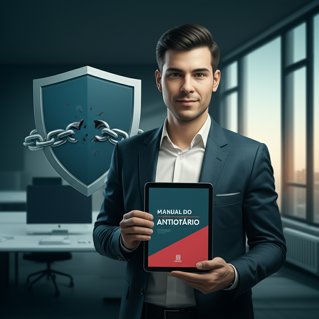 Homem de negócios lendo o ebook 'Manual do Antiotário' em tablet, simbolizando proteção contra relacionamentos tóxicos.