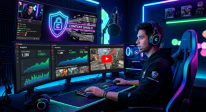 Um gamer YouTuber, sentado em uma cadeira de jogos com headset, observa múltiplos monitores. As telas mostram estatísticas de crescimento do YouTube, vídeos de jogos e uma representação sutil de proteção contra pirataria e clones, com um ícone de escudo digital e conteúdo sendo gerenciado estrategicamente. A cena é futurista e vibrante.