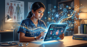 Estudante de medicina usando Medcards em tablet, com efeitos visuais de conexões neurais para representar aprendizado rápido e retenção de memória.