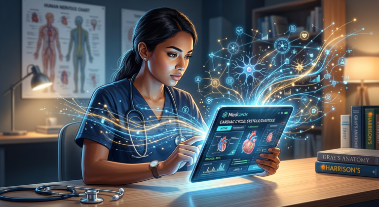 Estudante de medicina usando Medcards em tablet, com efeitos visuais de conexões neurais para representar aprendizado rápido e retenção de memória.