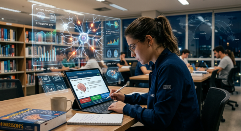 Estudante de medicina usando Medcards (Combo Elite) em tablet, com flashcards digitais e elementos de algoritmo, simbolizando estudo eficiente para Residência e Revalida.