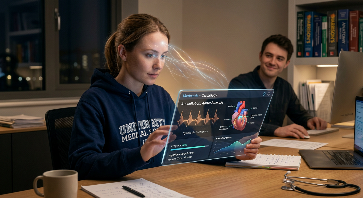 Estudante de medicina focado usando a plataforma Medcards (Combo Elite) em um tablet, exibindo flashcards interativos e gráficos de progresso algorítmico, com a silhueta de um(a) parceiro(a) ao fundo, simbolizando apoio e futuro compartilhado.