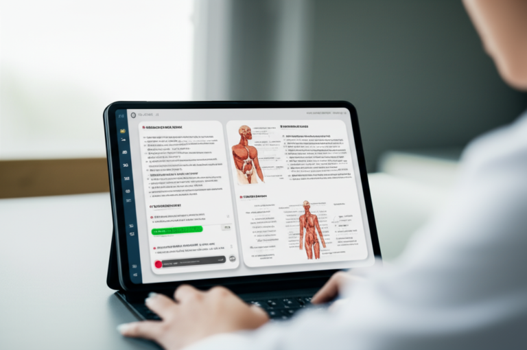 Médico residente ou estudante sênior concentrado usando um tablet com flashcards médicos do Medcards Combo Elite e tecnologia de repetição espaçada.