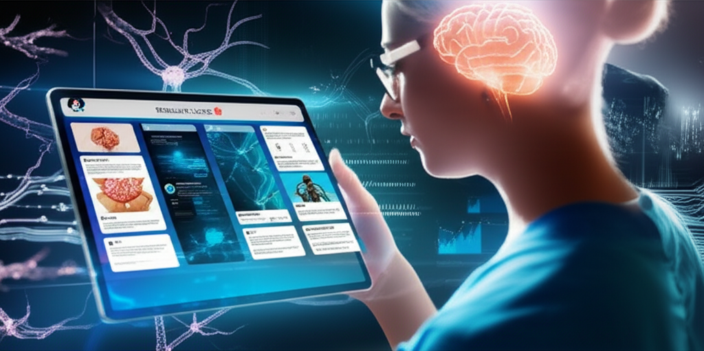 Estudante de medicina usando a plataforma Medcards Combo Elite, com flashcards e vídeos rápidos em um tablet.