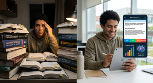 Estudante de medicina brasileiro usando o aplicativo Medcards FULL em um tablet, transformando uma expressão de preocupação em confiança, com flashcards e elementos de algoritmo de estudo visíveis na tela. Representa superação da lentidão no estudo.