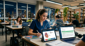Estudante de medicina utilizando Medcards FULL em tablet e laptop, com flashcards e banco de questões, simbolizando aprendizado inteligente e acelerado para aprovação na residência.