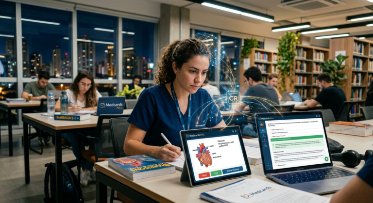 Estudante de medicina utilizando Medcards FULL em tablet e laptop, com flashcards e banco de questões, simbolizando aprendizado inteligente e acelerado para aprovação na residência.