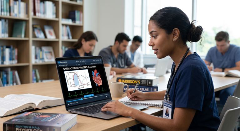 Estudante de medicina interagindo com a plataforma Medcards, onde vídeos educativos carregam e reproduzem rapidamente em um dispositivo digital, simbolizando eficiência e alta velocidade no estudo.