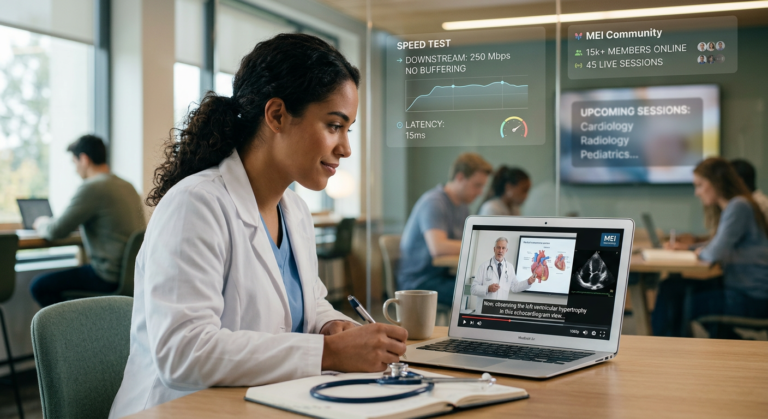 Médico ou estudante de medicina assistindo a um vídeo de aula em inglês na plataforma MEI Community com alta performance de streaming.