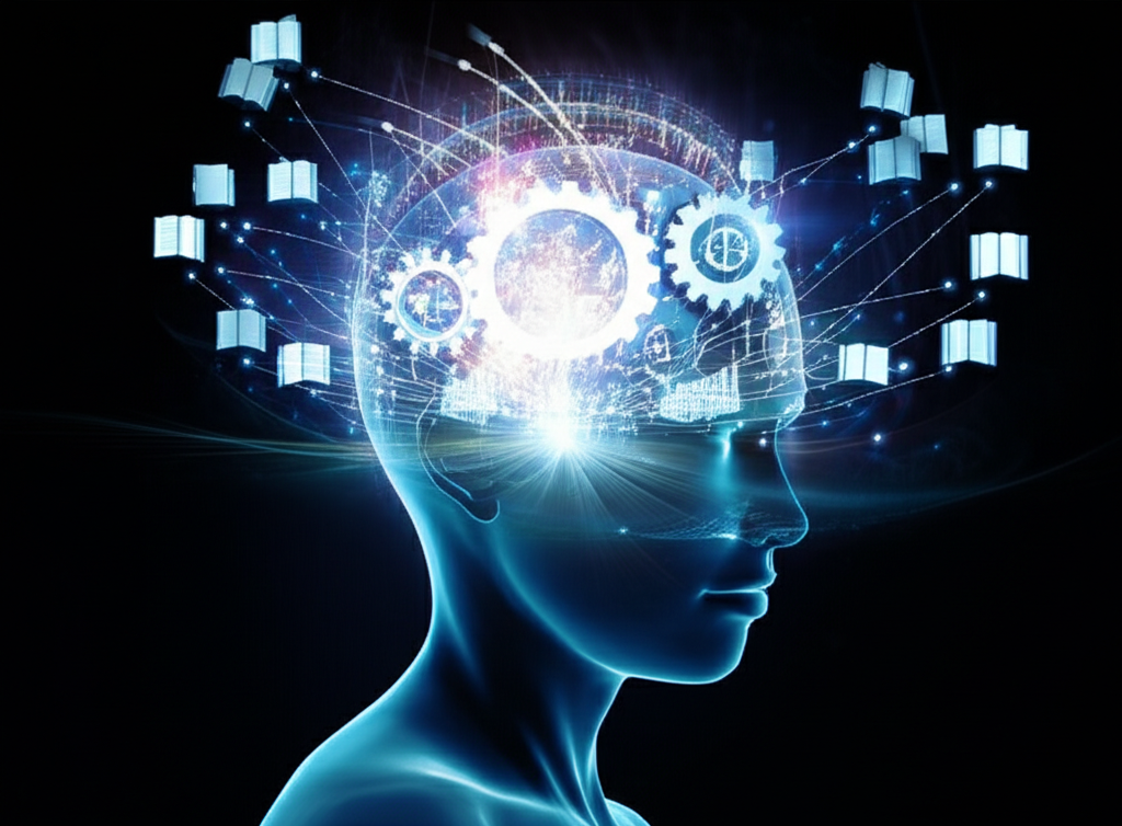 Imagem conceitual de cérebro com elementos de estudo em rotação 360, simbolizando memória aprimorada e aprendizado acelerado. Representa o curso Memória 360 de Renato Alves.