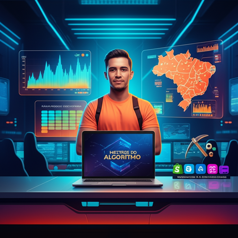 Caio Ferreira in a futuristic e‑commerce control room with holographic dashboards showing sales, trends, and logistics for dropshipping nacional.