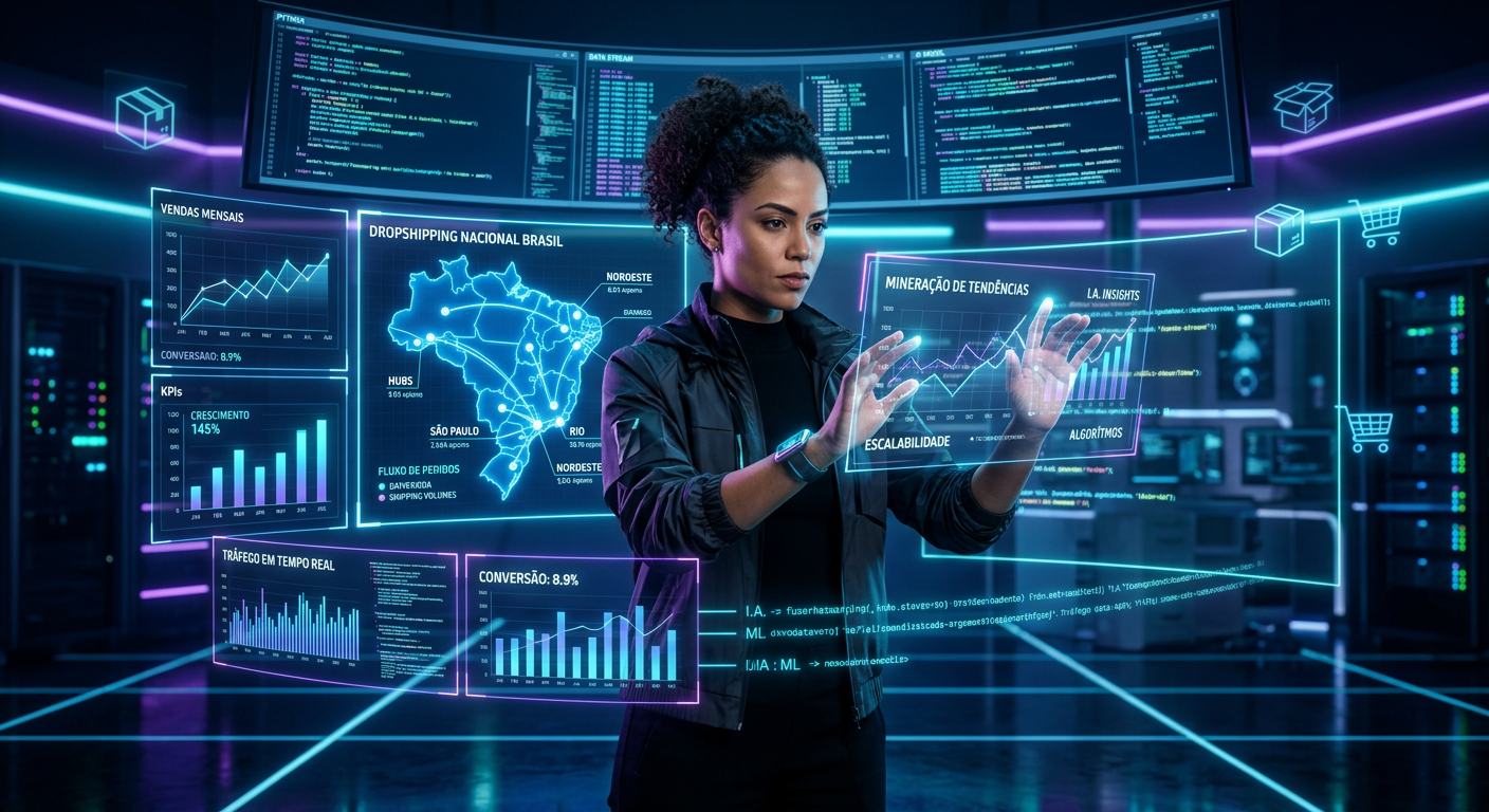 Estrategista digital analisando dados de e-commerce e algoritmos para dropshipping nacional, com gráficos de vendas e tendências de mercado. Representa a metodologia de Caio Ferreira no curso Mestres do Algoritmo.