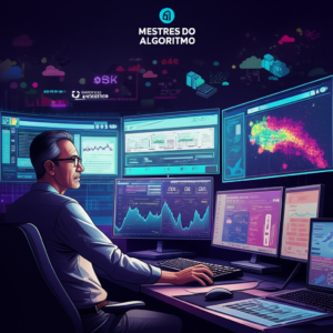 Ilustração de um profissional sênior de e‑commerce analisando estratégias avançadas do curso Mestres do Algoritmo de Caio Ferreira, com foco em dropshipping nacional e mineração de tendências.