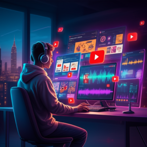 Jovem profissional em estúdio futurista, cercado por telas holográficas de métricas do YouTube, ícones de IA e ferramentas de SEO, representando o curso Mestres do Algoritmo – Profissão Youtuber.