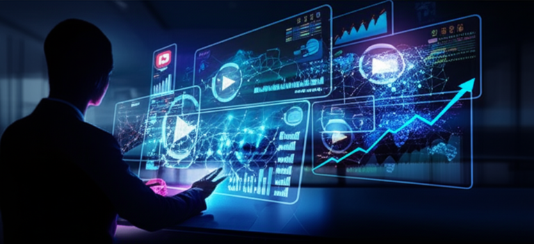 Imagem futurista de um criador digital interagindo com dados de algoritmo do YouTube, inteligência artificial e monetização em dólar.