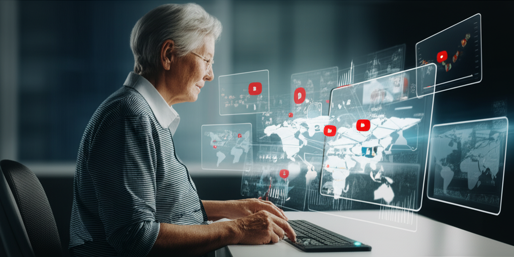 Profissional sênior analisando algoritmos do YouTube e inteligência artificial para otimização de canais e monetização em dólar.