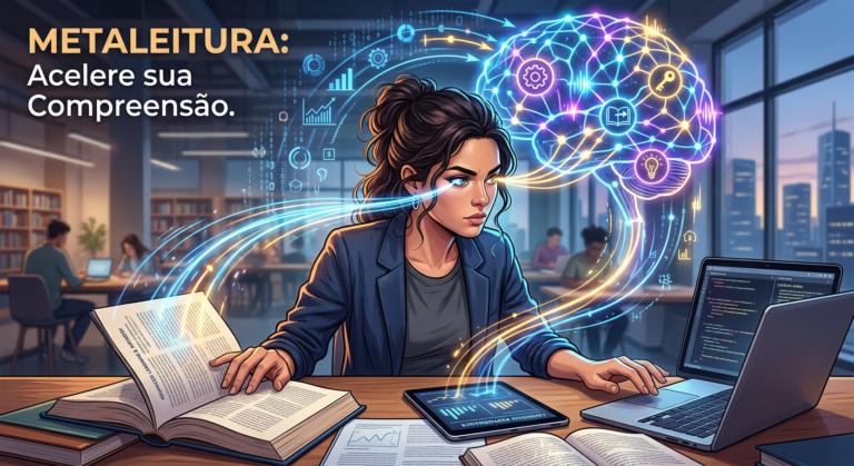 Pessoa lendo rapidamente livros e telas digitais com intensa concentração e atividade cerebral, simbolizando leitura dinâmica e retenção de conteúdo do curso Metaleitura.