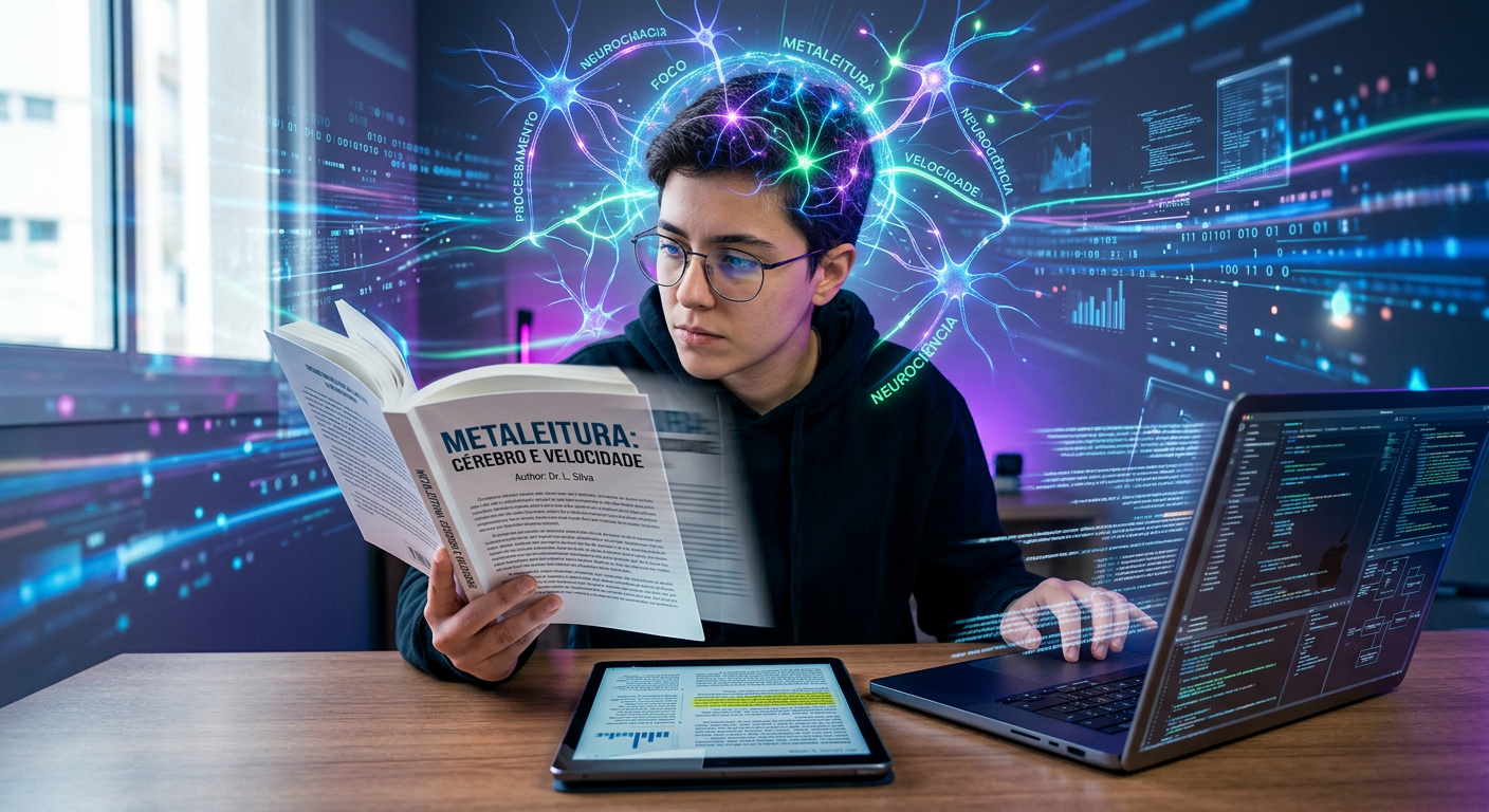 Imagem conceitual de uma pessoa lendo rapidamente com elementos visuais de cérebro e fluxo de dados, representando a otimização da leitura e memorização do Curso Metaleitura (LDE) de Renato Alves.