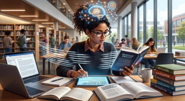 Pessoa lendo rapidamente múltiplos materiais com luz cerebral, simbolizando Metaleitura e neuroaceleração para futuros professores.