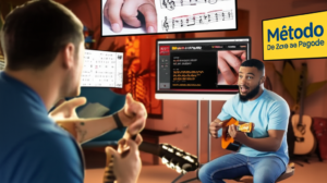 Professor demonstra técnica de batida da mão direita no cavaquinho durante aula do Método Do Zero ao Pagode, com telas multi‑ângulo e notação rítmica ao fundo.