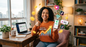 Mulher sorridente e confiante usando um smartphone para trabalhar online, cercada por elementos digitais de sucesso como moedas e gráficos, simbolizando liberdade financeira e o método Mulher Milionária.