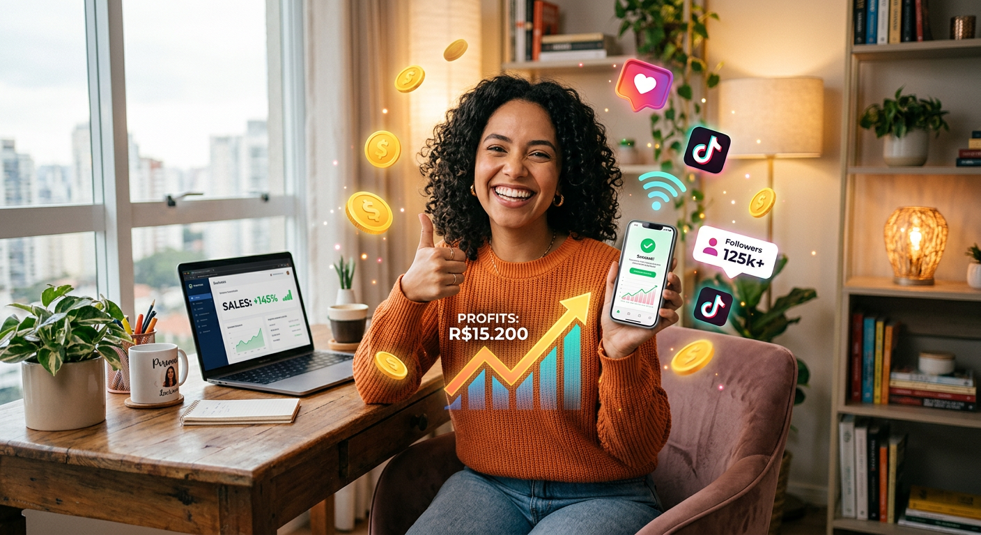 Mulher sorridente e confiante usando um smartphone para trabalhar online, cercada por elementos digitais de sucesso como moedas e gráficos, simbolizando liberdade financeira e o método Mulher Milionária.