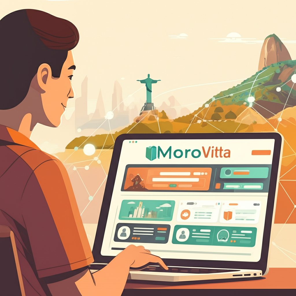 Pessoa brasileira estudando no site MoroVitta em um laptop, com ícones de cursos e elementos digitais ao fundo.
