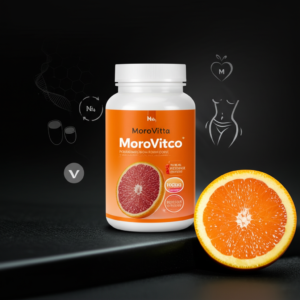 Frasco de MoroVitta sobre superfície escura ao lado de uma laranja Moro cortada, destacando rótulo vibrante e ícones de metabolismo e colágeno.