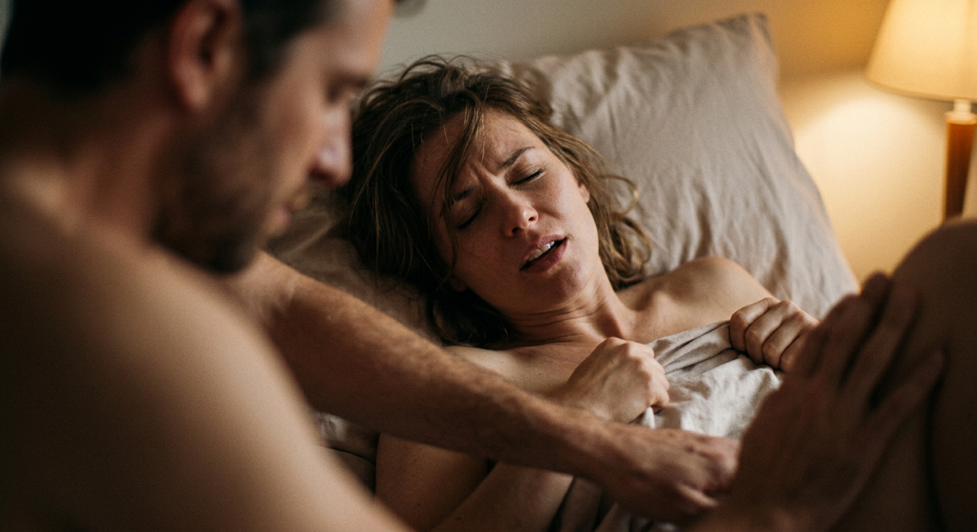 Casal em momento de intensa intimidade, homem aplicando técnica avançada de sexo oral, mulher expressando profundo prazer e êxtase.