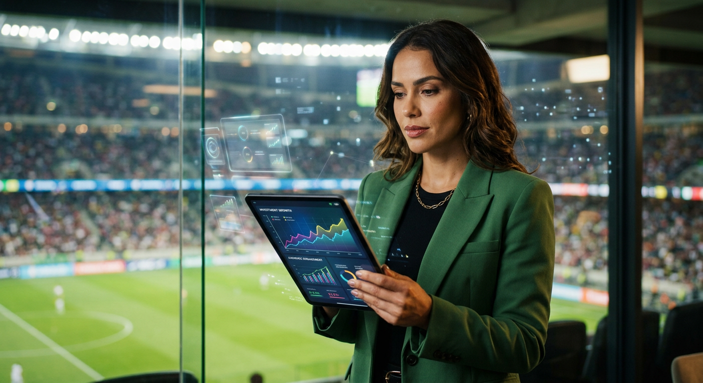 Mulher brasileira confiante e elegante, analisando dados de crescimento de carreira em um tablet, com fundo de estádio de futebol e elementos digitais, representando a Musa do Brasileirão e seu impacto profissional e financeiro.