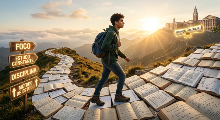 Estudante determinado caminhando em uma trilha de livros e fórmulas, rumo à aprovação universitária nos vestibulares do Paraná com o Extensivo 2026.