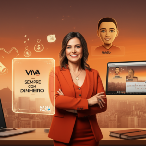 Nádia Pace apresenta o método Viva Sempre com Dinheiro ao lado da IA Náudio, simbolizando a libertação de dívidas e a conquista da paz financeira.