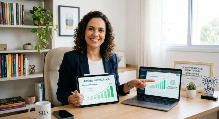 Nati Abreu sorrindo em um escritório moderno com laptop e certificado digital do curso 'Segredos da Renda Automática', simbolizando empreendedorismo digital e renda extra.