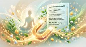 Um imã dourado abstrato e brilhante, atraindo moedas, notas e símbolos de prosperidade, com um e-book digital aberto ao fundo, ilustrando a Lei da Atração e abundância.