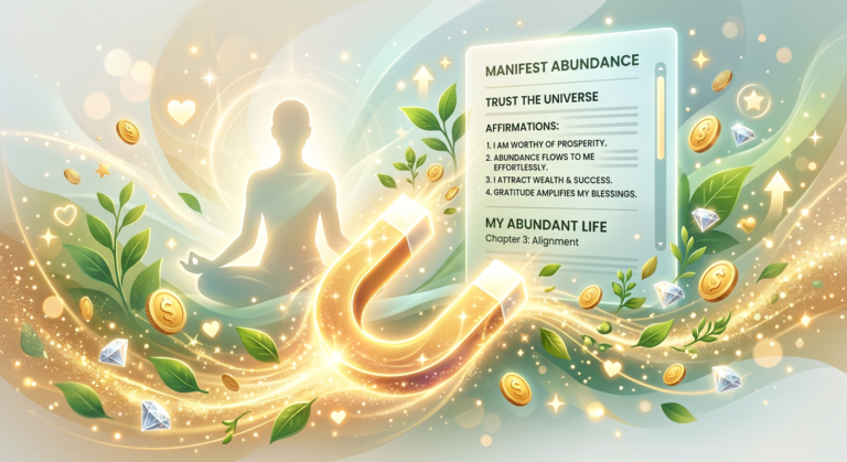 Um imã dourado abstrato e brilhante, atraindo moedas, notas e símbolos de prosperidade, com um e-book digital aberto ao fundo, ilustrando a Lei da Atração e abundância.