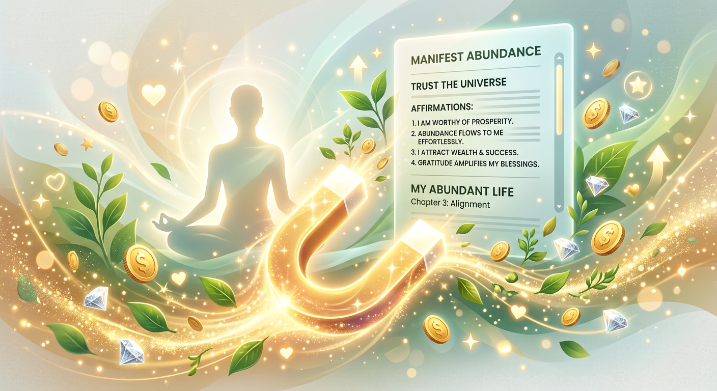 Um imã dourado abstrato e brilhante, atraindo moedas, notas e símbolos de prosperidade, com um e-book digital aberto ao fundo, ilustrando a Lei da Atração e abundância.