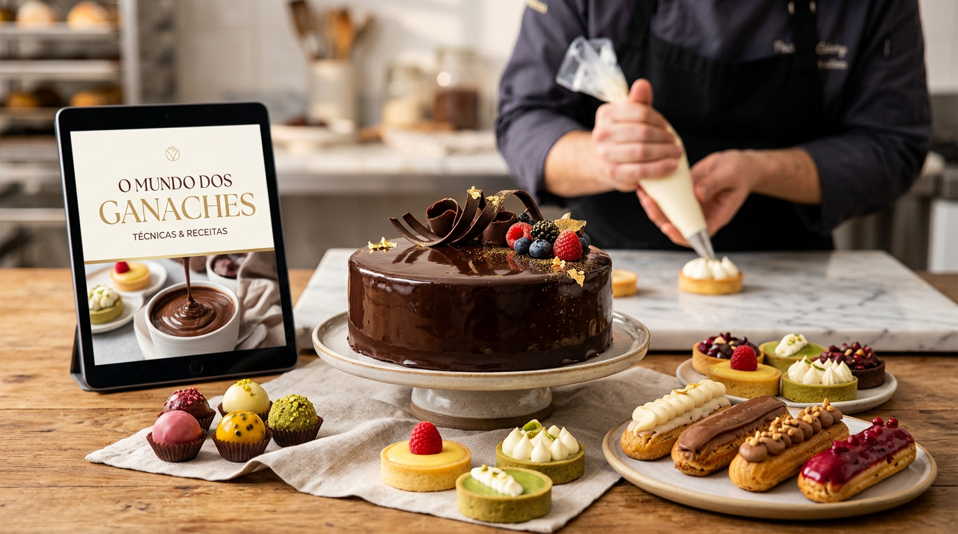 Imagem de um bolo decorado com ganache de chocolate, cercado por doces variados com ganaches coloridos, e um e-book 'O Mundo dos Ganaches' em um ambiente de confeitaria.