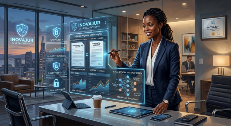 Profissional do direito utilizando interface de inteligência artificial Inovajur para automação de tarefas legais e análise de dados, com selo de certificação.