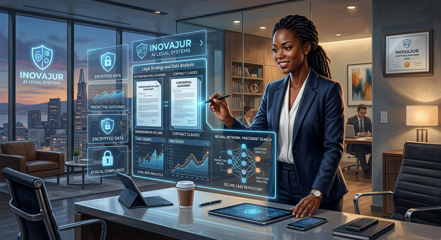 Profissional do direito utilizando interface de inteligência artificial Inovajur para automação de tarefas legais e análise de dados, com selo de certificação.