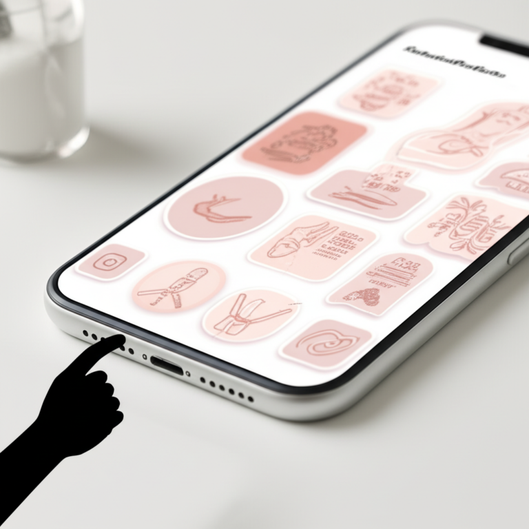 Smartphone com story do Instagram de estética feminina e profissional, decorado com stickers e sombras do StoriesPerfeitos, sob o olhar de uma mão anônima.