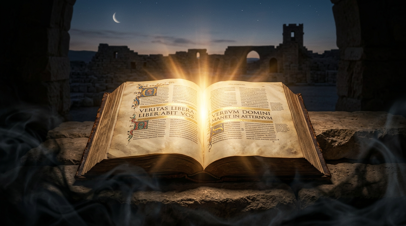 Imagem de um livro da Bíblia aberto, com versículos iluminados, repelindo símbolos abstratos de heresias modernas. Ao fundo, ruínas arqueológicas da Terra Santa, simbolizando a base histórica e a defesa da fé católica.