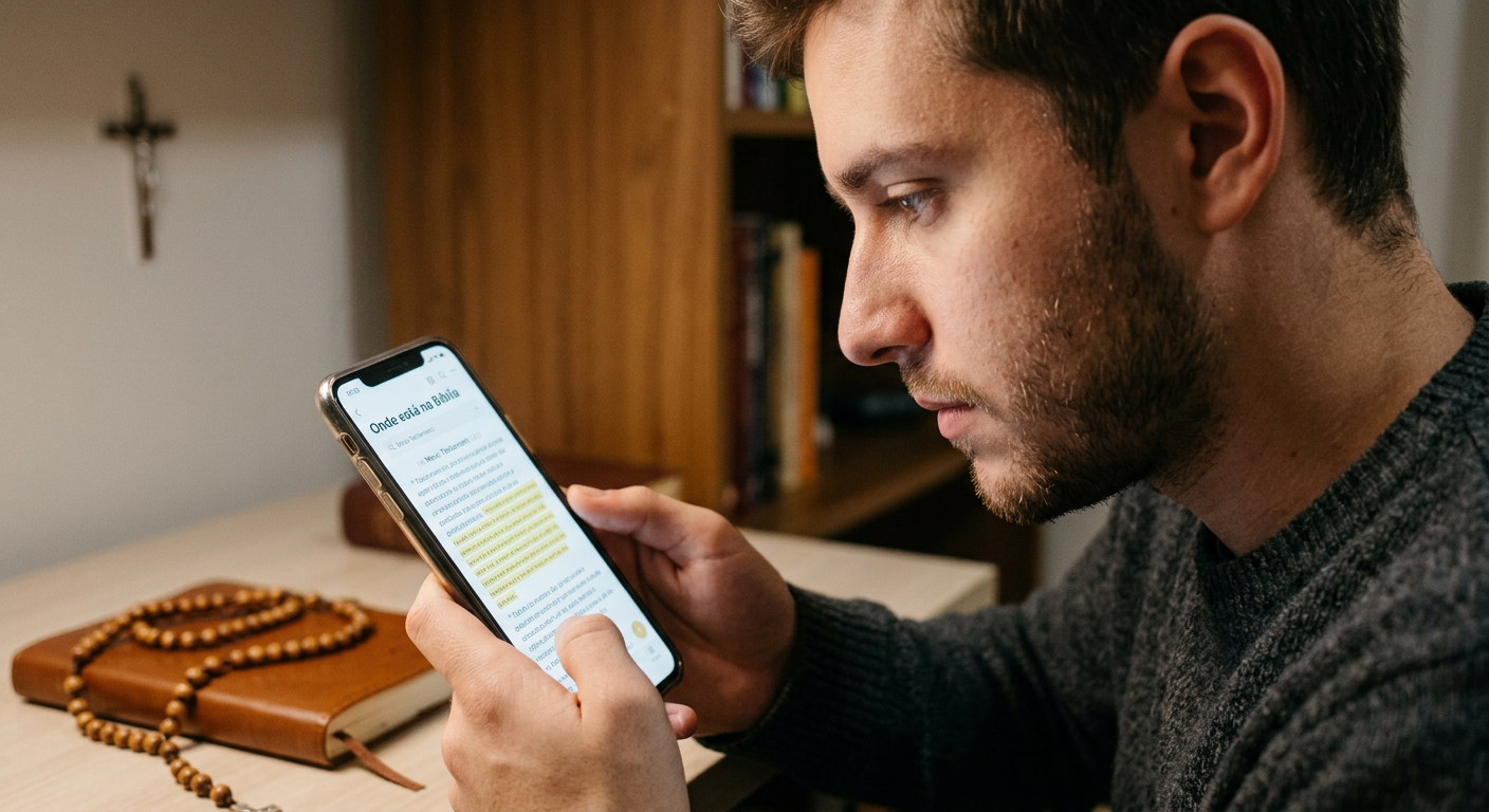 Uma pessoa focada consultando o ebook 'Onde está na Bíblia' em um smartphone, com versículos bíblicos destacados para defesa da fé católica contra heresias e objeções.